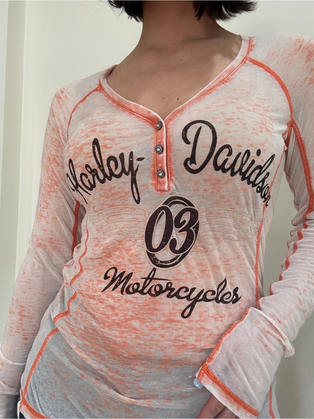 Harley-Davidson Sheer Orange Long-Sleeve Henley Top S